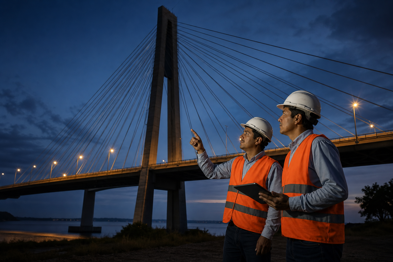 Ingenieros inspeccionando un puente moderno