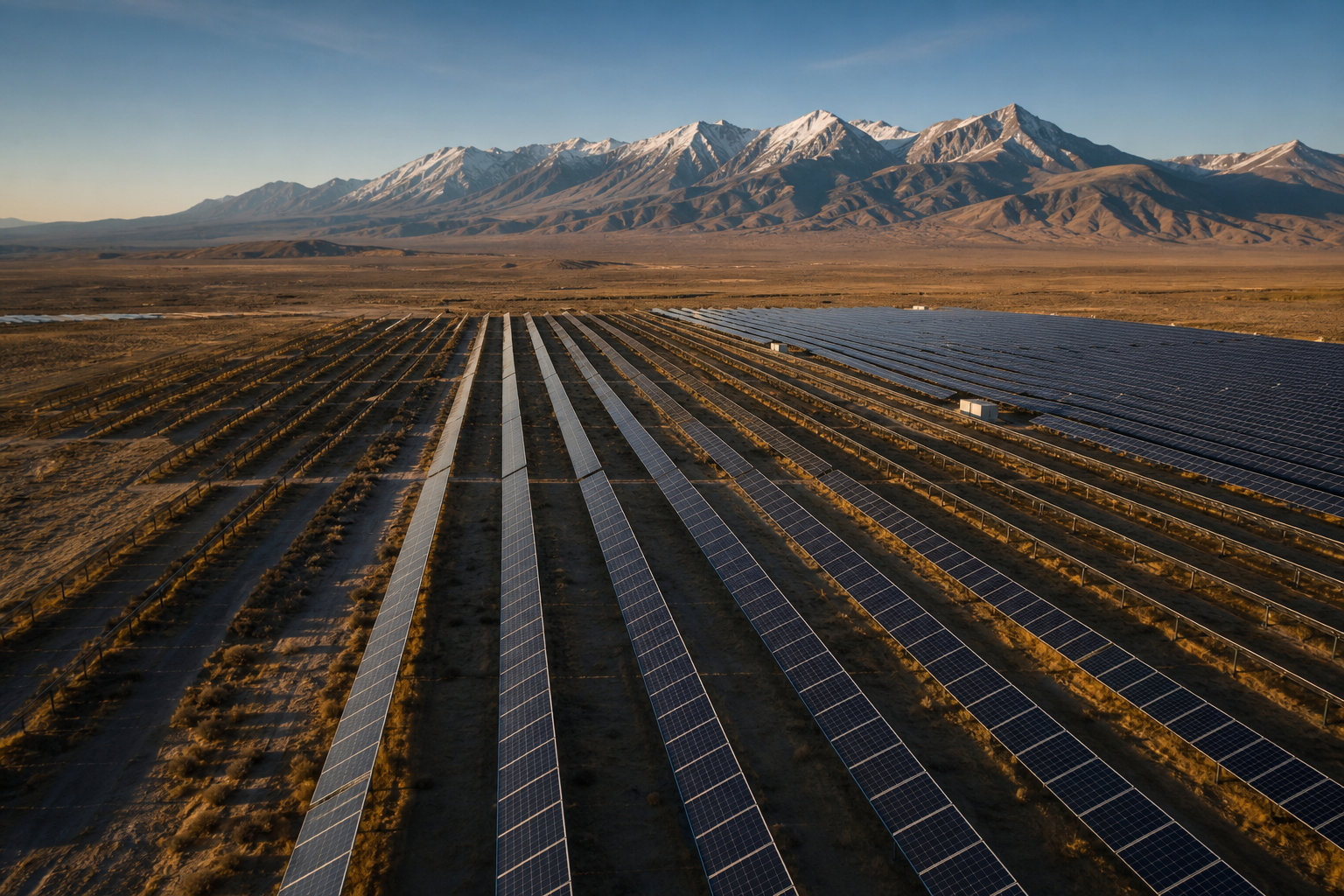 Planta de energía solar junto a las montañas