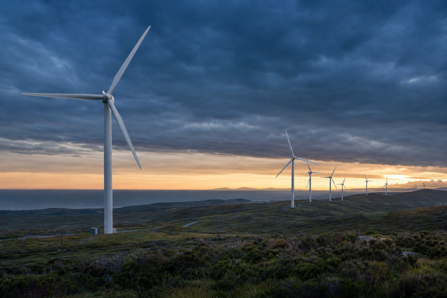 Parque de energía eólica en la costa